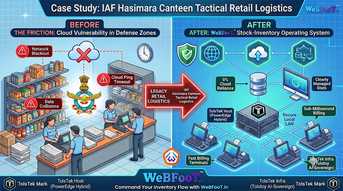Architectural diagram showing the IAF Hasimara Canteen transition from cloud-vulnerable POS to an air-gapped WeBFooT Stock-Inventory OS using a local TolsTeK Host server.