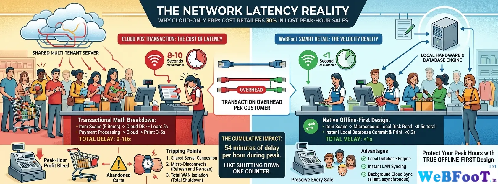 Infographic comparing cloud POS transaction latency versus WeBFooT offline-first local retail architecture, highlighting peak-hour revenue loss.