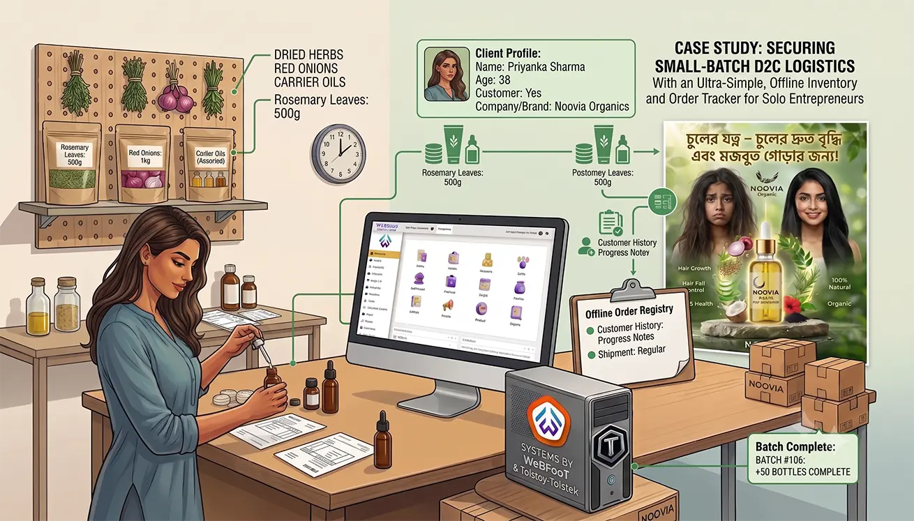Solo entrepreneur Priyanka Sharma formulating organic hair growth oil in a workspace with an offline WeBFooT retail ERP dashboard, featuring labeled raw material pouches and shipping boxes.