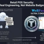 Infographic contrasting superficial 'CLOUD POS CLUTTER' with paper GDPR and PCI badges against the engineered 'TRUE SECURITY ARCHITECTURE' of WeBFooT Ultra Z. The engineered side features digitally signed binaries, PCI-DSS terminal isolation, DPDP compliance, and an air-gapped database for retail POS. It includes the TolsTek HOST SSL Verified seal. WeBFooT.in.